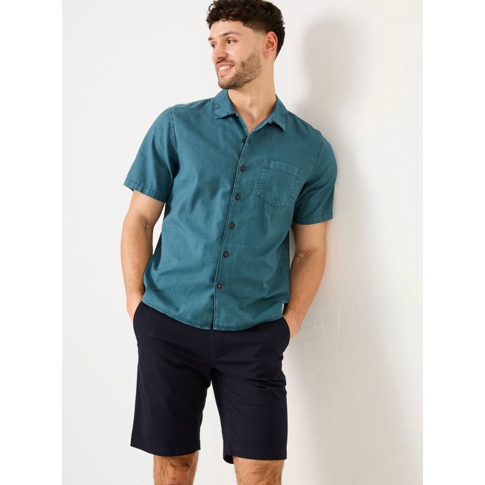 Fat Face Bugle Linen Cotton Button‎ Down Shirt Short Sleeve Teal Mens Largee